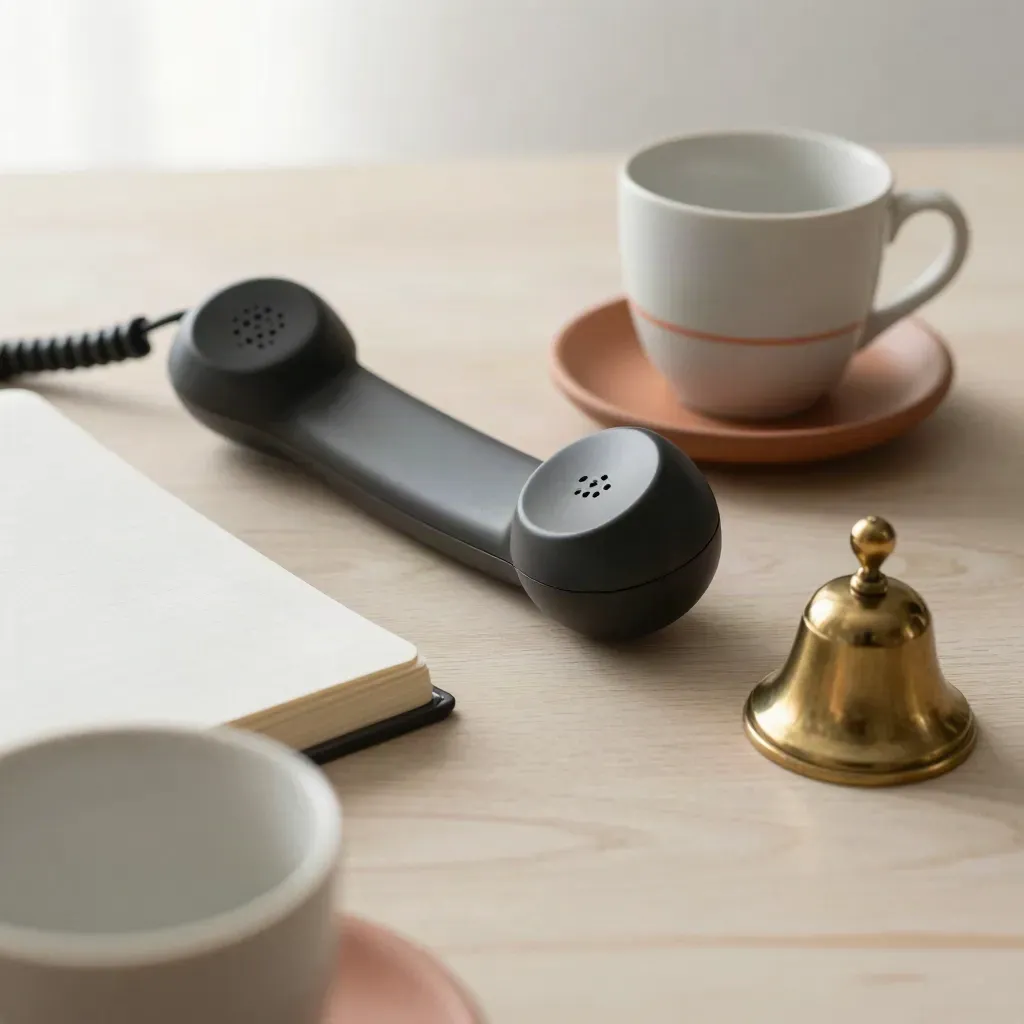 Overhead desk still-life with handset, cups, notebook, bell, and a muted coral accent.