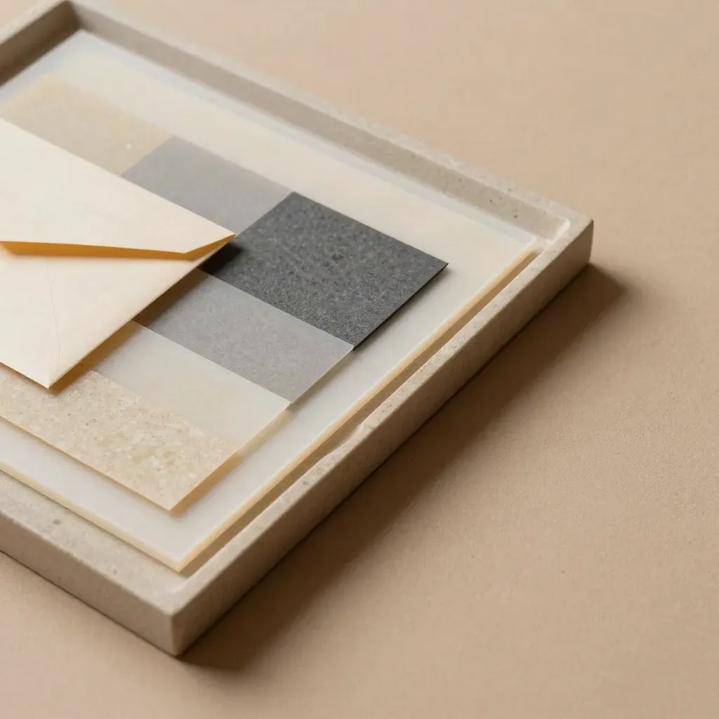 Acetate sheets, paper modules, chips and envelope arranged in a stone tray on a neutral surface.
