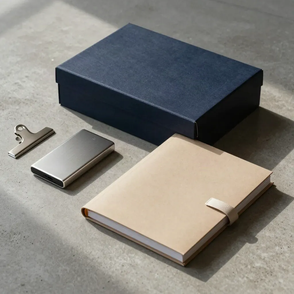 Archival box, external drive, ribbon folder and proof clip on cool concrete.