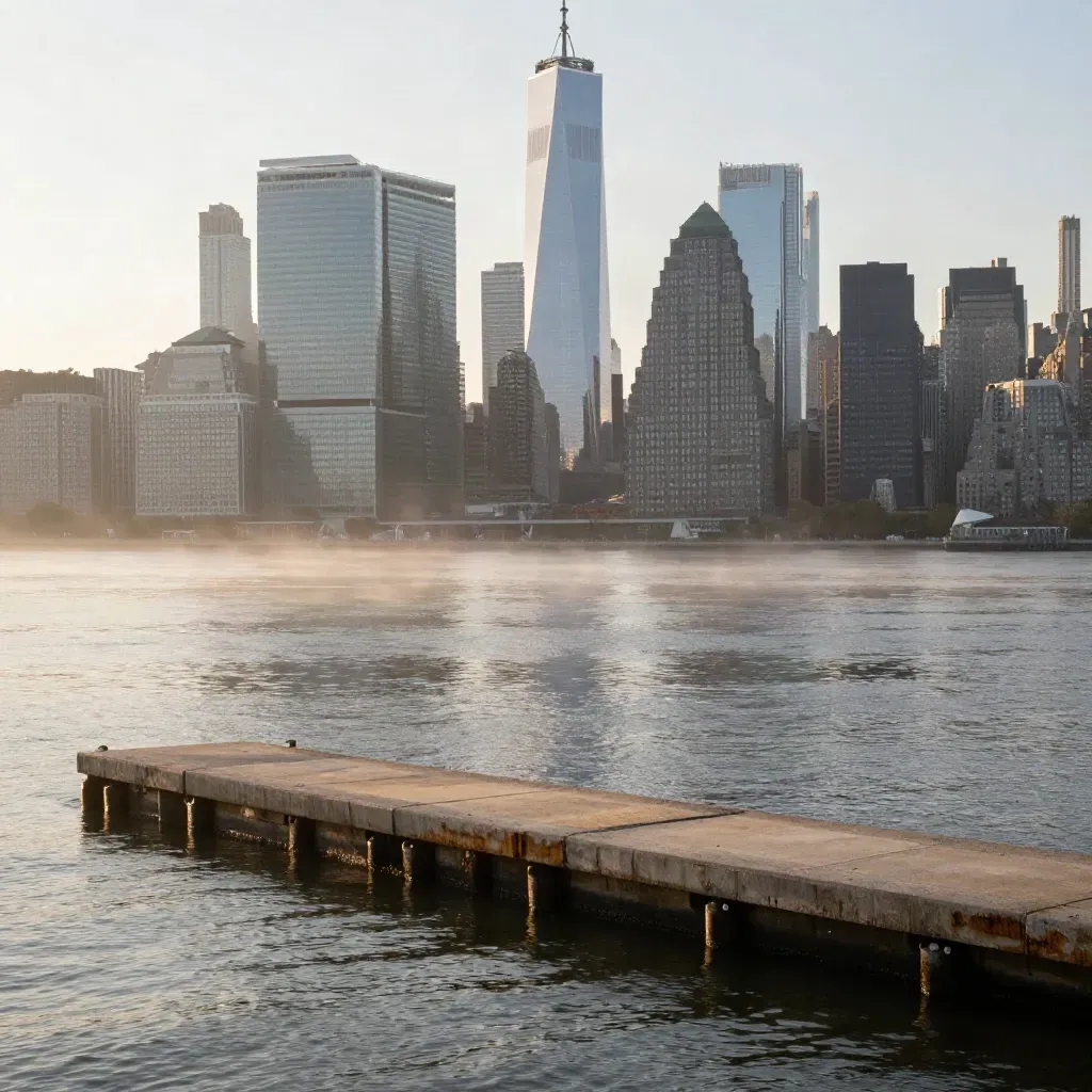 Manhattan skyline over the East River in soft morning haze above calm waterfront piers.